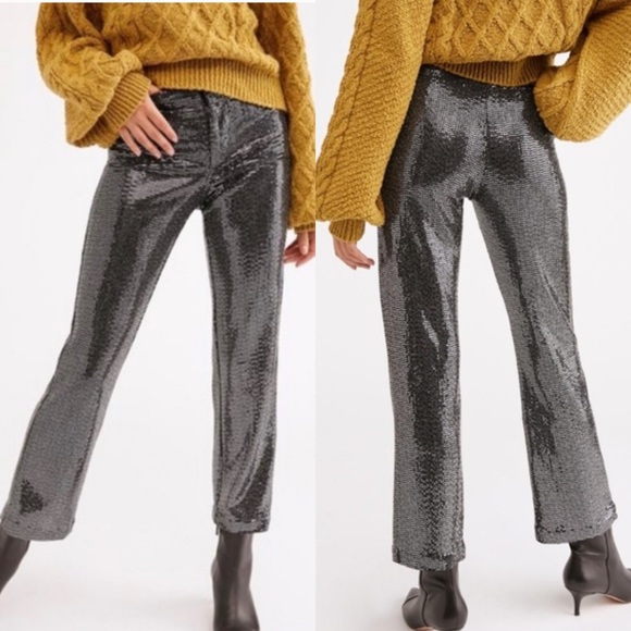 Free People Black Silver Sequin Shine On Pants - 4 - Picture 1 of 10